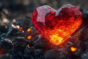 A glowing red crystal heart surrounded by dark rocks and sparkling embers in a mystical setting photo