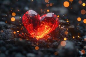 A glowing red crystal heart surrounded by dark rocks and shimmering embers in a mystical environment photo