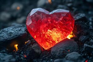 A glowing red crystal heart rests among dark rocks and bright embers, creating a striking contrast in this mystical landscape photo