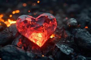 A vibrant glowing red crystal heart resting on dark rocks amidst shimmering embers in a mystical environment photo