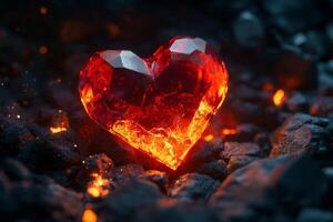 Glowing red crystal heart surrounded by dark rocks and sparks in a mystical landscape of glowing embers photo