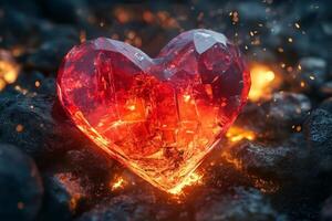 A glowing red crystal heart surrounded by rocks and shimmering embers in a mystical setting photo
