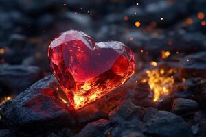 A glowing red crystal heart radiates warmth among dark rocks and sparkling embers in a mystical setting at sunset photo