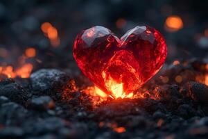 A glowing red crystal heart surrounded by dark rocks and flickering embers in a mystical setting photo