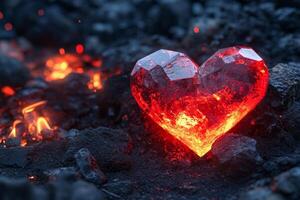 A glowing red crystal heart surrounded by dark rocks and vibrant sparks in a mystical setting during twilight photo