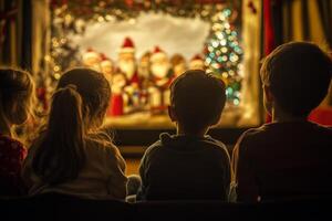 Children enjoy a magical Christmas puppet show in a cozy setting filled with festive decorations and a Christmas tree photo