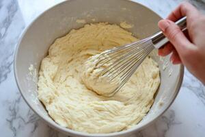 Close-up of a hand whisking dough in a mixing bowl on a marble countertop while preparing for baking photo