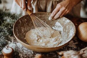 Close-up of hands whisking dough in a rustic bowl surrounded by winter decor, perfect for holiday baking inspiration photo
