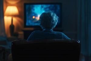 Handicapped grandmother enjoying a quiet evening watching a movie on television in a cozy living room photo