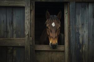 A brown horse gazes gently from its wooden stall in a rustic stable on a tranquil rural farm photo