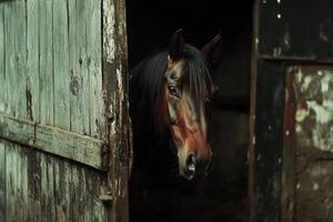 A brown horse peeks out from a rustic wooden stall door in a rural farm stable during the calm of early morning photo