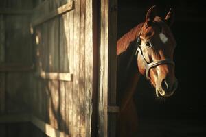 A brown horse gazes out of its wooden stall door in a rustic farm stable during golden hour light photo