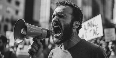 A passionate activist shouting into a megaphone during a protest in a bustling city, surrounded by fervent supporters and signs photo