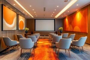 Modern minimalist conference room with rows of chairs and a projector screen ready for a productive meeting or presentation photo