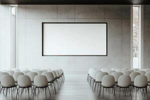 Contemporary conference room featuring minimalist design with rows of chairs and a large projector screen ready for presentations photo