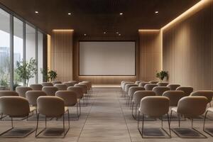 Modern minimalist conference room set up for a presentation with chairs arranged for an audience and a large screen photo