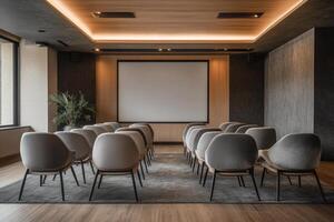Modern minimalist conference room setup with rows of comfortable chairs and a projector screen for presentations and meetings photo