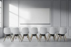 Modern minimalist conference room featuring rows of white chairs and an empty projector screen for presentations photo