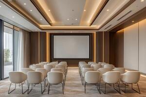 Modern minimalist conference room featuring rows of comfortable chairs and a large projector screen for presentations and meetings photo