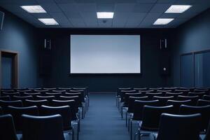 Modern minimalist conference room setup featuring rows of chairs and a large projector screen for presentations or meetings photo