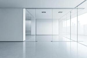 Sleek modern minimalist office interior with glass partitions and natural light creating a serene workspace environment photo