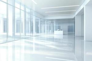 Modern minimalist office design with glass partition featuring natural light in a spacious workspace photo