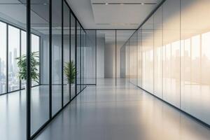 Modern minimalist office interior with glass partitions and natural light in a spacious workspace during daylight hours photo