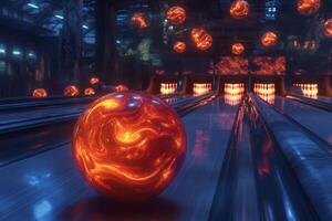 Vivid red and orange swirling bowling balls on vibrant lanes in a lively bowling alley during recreational playtime photo
