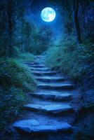 A mystical pathway leads through a moonlit forest under a starry sky, inviting exploration on a tranquil night photo