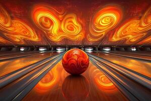 Vivid red and orange swirling bowling balls rest on polished lanes in a lively bowling alley illuminated by colorful lighting photo
