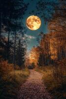 A mystical pathway through a moonlit forest illuminated by a bright full moon on a tranquil night photo