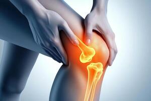 Individual holds their knee with a glowing red graphic overlay highlighting knee structure and joint pain in a clinical setting photo