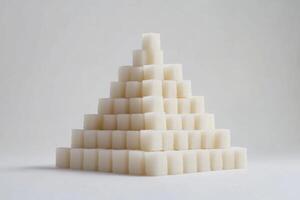 A pyramid structure created from stacked sugar cubes on a plain white background showcasing geometric design and sweetness photo