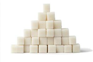 A pyramid structure made from neatly arranged sugar cubes on a white background photo