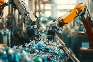 Robotic arms efficiently sorting plastic waste in a modern recycling facility during daylight hours photo