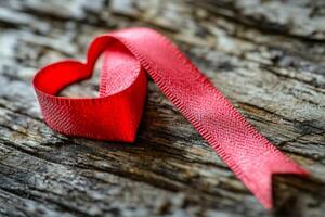 A red ribbon shaped like a heart rests on rustic wooden surface, symbolizing love and affection in a serene setting photo