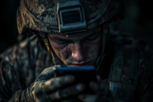 Army soldier engaged in social cyber warfare, using a smartphone to communicate while in a tactical environment at dusk photo