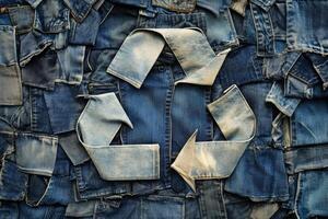 Upcycled denim forms a recycling logo crafted from old jeans to promote sustainability efforts in creating new products photo