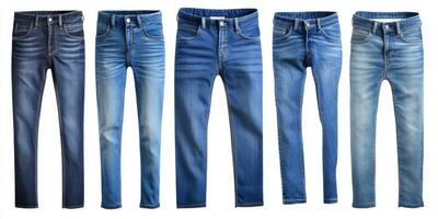 Various styles of blue jeans displayed in a retail store showcasing different fits, washes, and textures for trendy shoppers photo