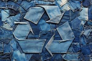 Upcycled denim forms a recycling logo from old jeans, showcasing sustainable creativity and eco-friendly practices photo