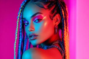 A fashionable model showcases vibrant braided hair and neon makeup, illuminated by colorful lights in a contemporary urban setting photo