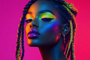 Fashionable model showcases vibrant braided hair and neon makeup against a colorful backdrop in an artistic studio setting photo