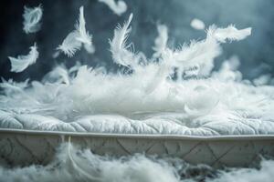 Feathers swirl enchantingly around a mattress on the ground, creating a whimsical and dreamy atmosphere in soft lighting photo