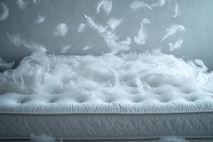 Feathers swirl gently around a mattress on the floor, creating a whimsical, dreamy atmosphere in soft lighting photo
