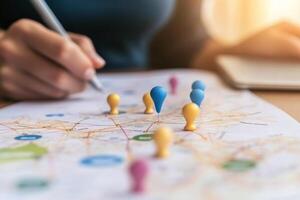 Exploring a city map with colorful pins while planning an adventure at a table photo
