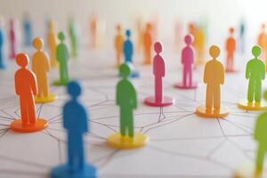 Colorful miniature figures representing social connections on a white background with network lines and nodes photo