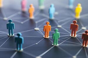 Colorful silhouettes connected by lines represent networking and collaboration in a digital environment photo
