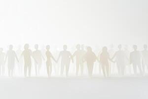 People holding hands together in a misty environment during a community gathering at sunset photo