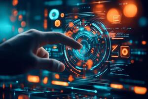 Interaction with futuristic digital interface showcasing advanced technology in a high-tech environment photo