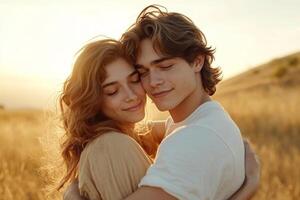 Young couple embraces in golden field at sunset, capturing a moment of love and warmth together photo